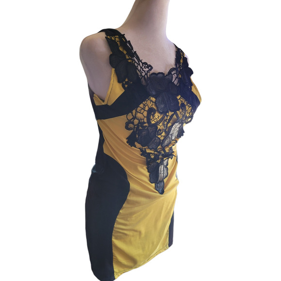 Heramay Korean Yellow Black Lace Applique Bodycon Mini Dress Small Clubwear Sexy - Picture 10 of 10
